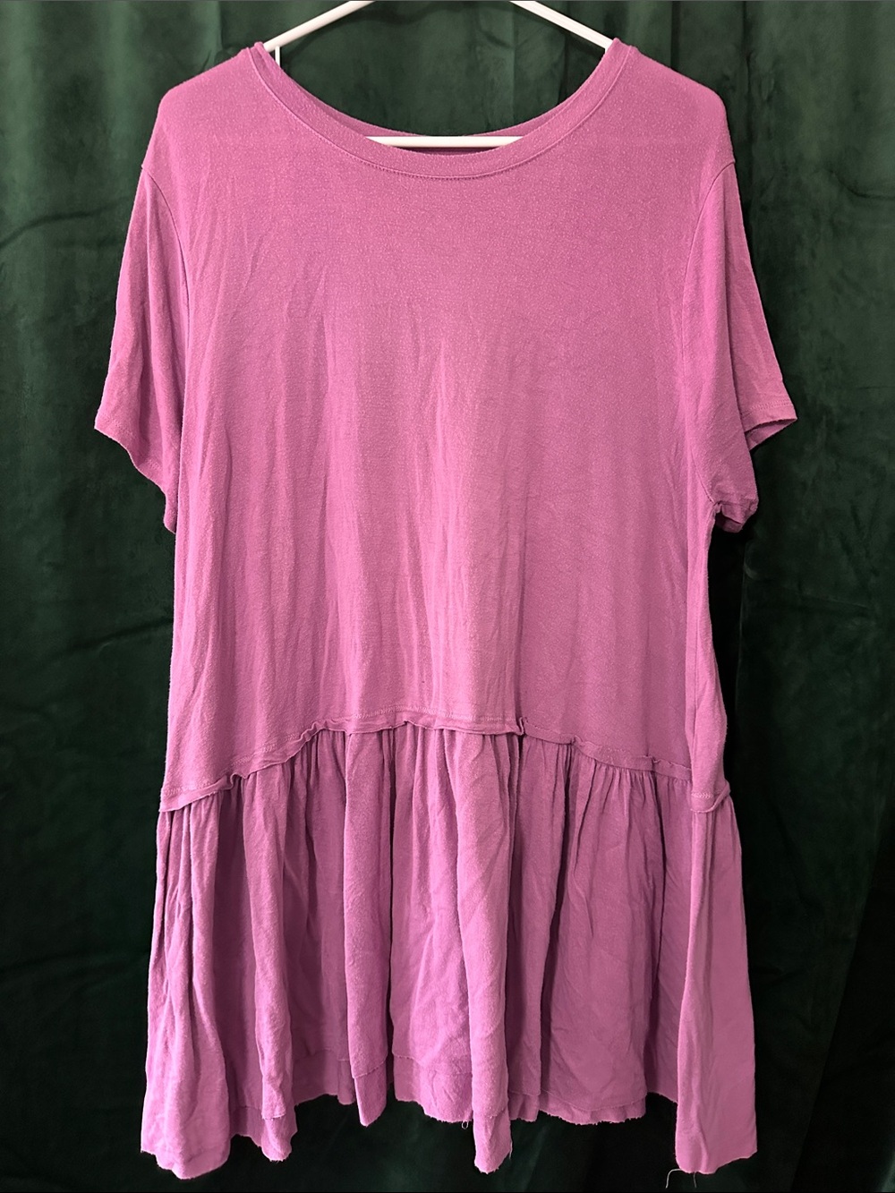 Stretchy Relaxed Short-Sleeve Tiered Tunic Top in pink/purple color
